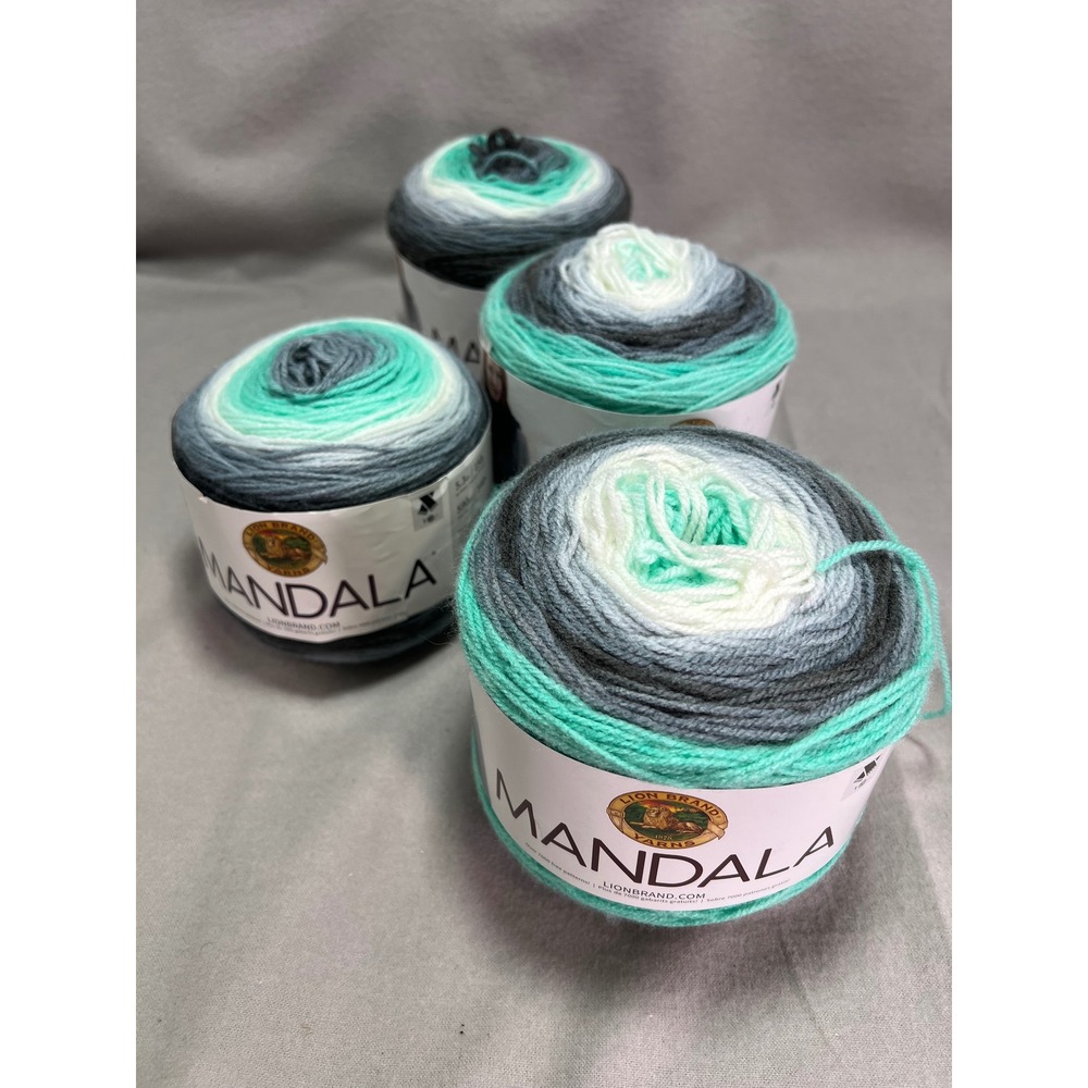 Lion Brand Mandala Yarn Cake 4 Pack Genie Teal Grey Ombre Self-Striping Acrylic